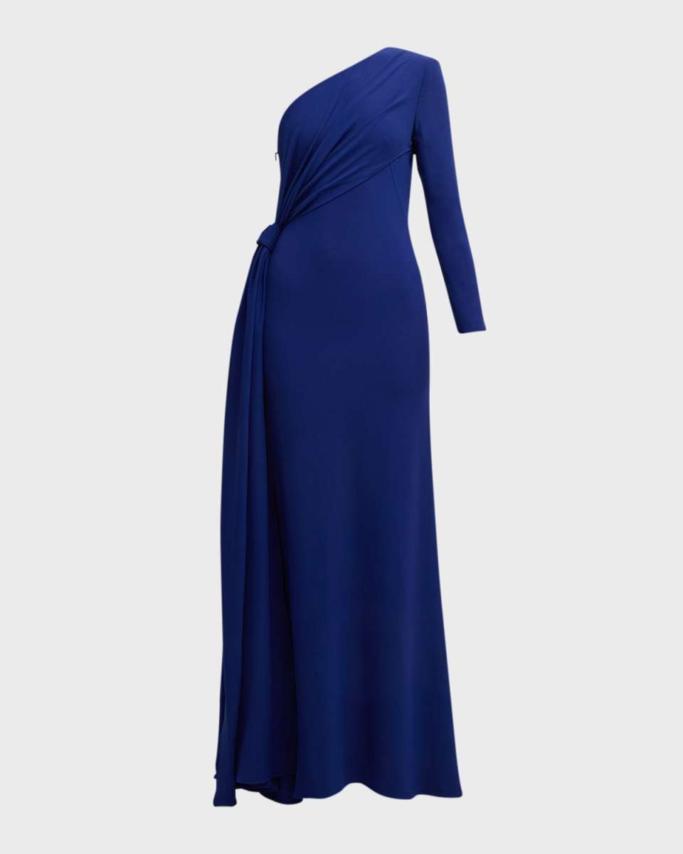 Crepe One-Shoulder Gown with Draped Detail